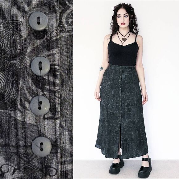 VTG 90s Black Floral Fairy Grunge Button Slit Front Maxi Skirt Medium - Picture 1 of 13